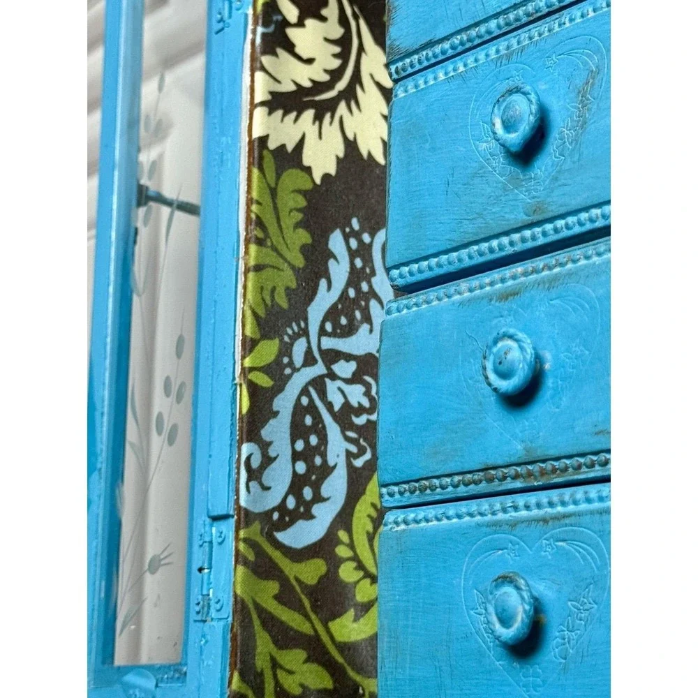 Upcycled Shabby Chic Turquoise Vintage Wood Jewelry Box Chest Armoire 5 Drawer